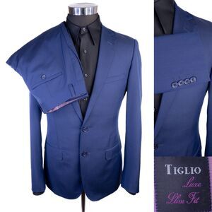 Tiglio Luxe 2-Pcs Herringbone Blue Suit Blazer Sz 38R Pants 32X30 Lanificio Wool